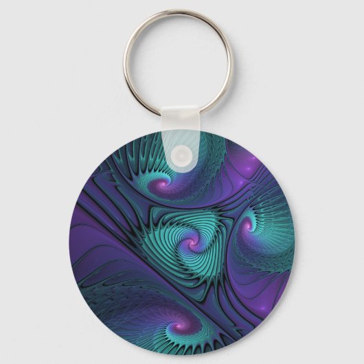 Paars ontmoet Turquoise Modern Abstract Fractal Ar Sleutelhanger (Voorkant)