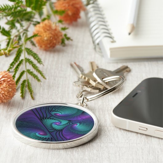 Paars ontmoet Turquoise Modern Abstract Fractal Ar Sleutelhanger (Zijkant)