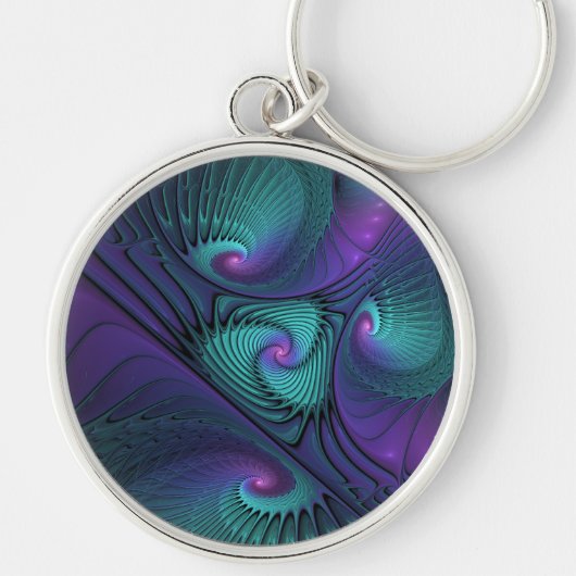 Paars ontmoet Turquoise Modern Abstract Fractal Ar Sleutelhanger (Voorkant)
