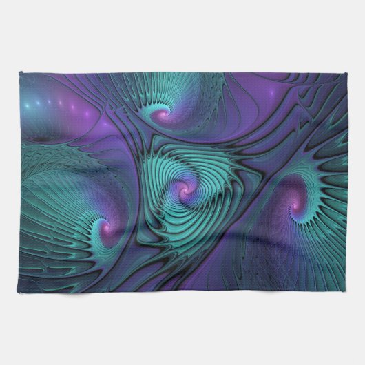 Paars ontmoet Turquoise modern abstract Fractal Ar Theedoek (Horizontaal)
