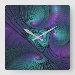 Paars ontmoet Turquoise modern abstract Fractal Ar Vierkante Klok