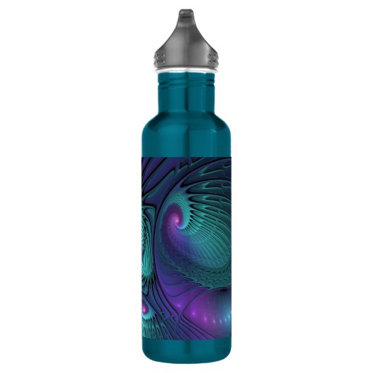 Paars ontmoet Turquoise modern abstract Fractal Ar Waterfles (Rechts)