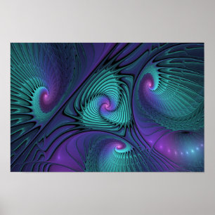 Paars ontmoet Turquoise moderne abstracte Fractal  Poster