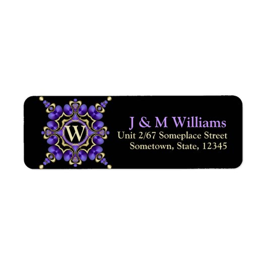 Paars op zwarte decoratieve monogram Adresetikette Etiket (Voorkant)
