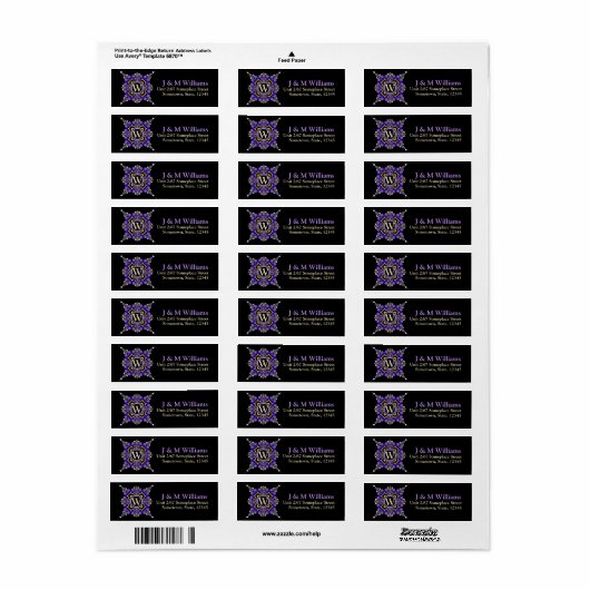 Paars op zwarte decoratieve monogram Adresetikette Etiket (Full Sheet)