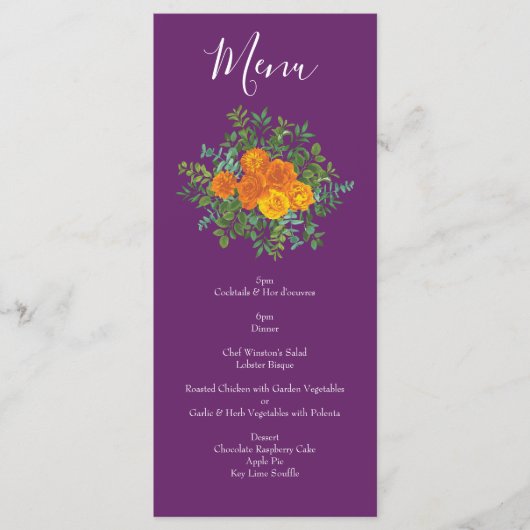 Paars Oranje Roos bruiloft Menu (Voorkant)