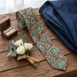 Paars Paarsblauw Groen Goud Paisley Patroon Stropdas
