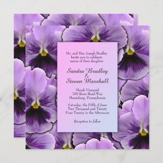 Paars Pansy Wedding Invitation Kaart (Voorkant / Achterkant)