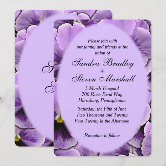 Paars Pansy Wedding Invitation Kaart (Voorkant / Achterkant)
