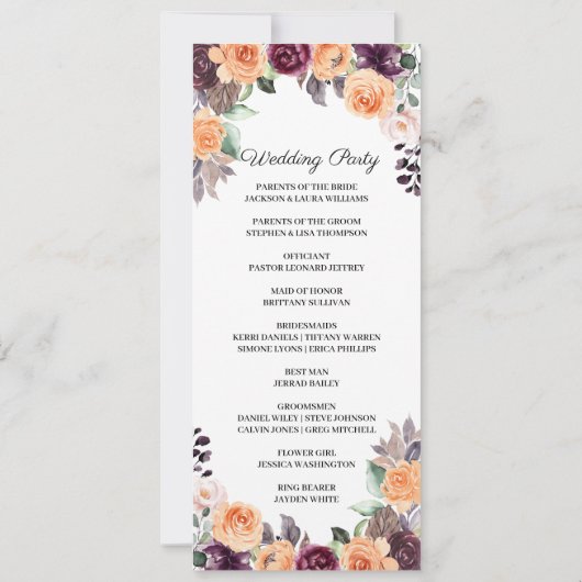 Paars Peach Floral Fall Wedding Programme Kaart (Achterkant)