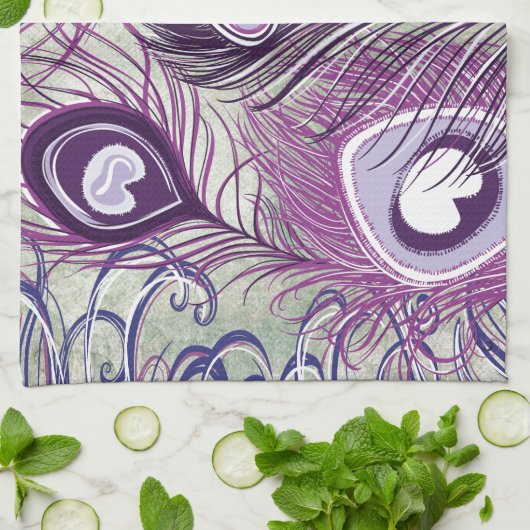 Paars Peacock Feathers elegant design Theedoek (Gevouwen)