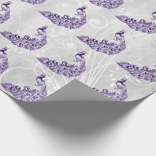 Paars Peacock Leaf Vine Weddenschap Wrapping Paper Cadeaupapier (Hoek)
