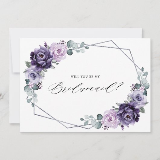 Paars Plum Silver Floral Bridesmaid Voorstel Kaart (Voorkant)