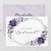 Paars Plum Silver Floral Bridesmaid Voorstel Kaart (Voorkant / Achterkant)