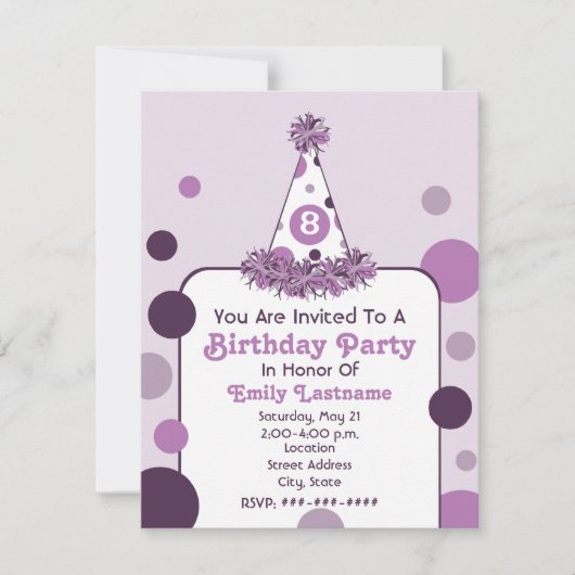 Paars Polka Dot Birthday Party Pet Uitnodigen Kaart (Voorkant)