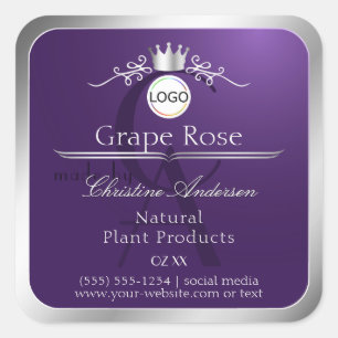 Paars Productlabel Zilveren Frame Logo Monogram Vierkante Sticker