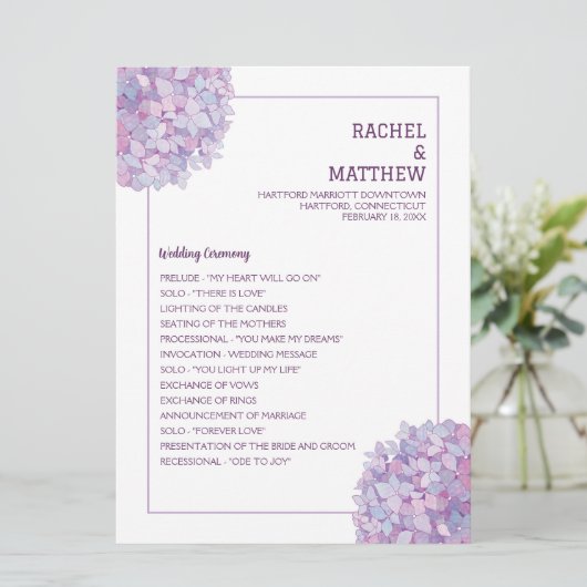 Paars programma Hydrangea Wedding Flat (Staand voorkant)