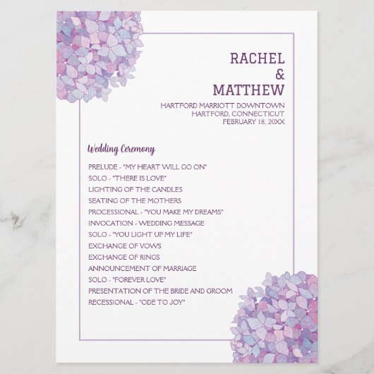 Paars programma Hydrangea Wedding Flat (Voorkant)