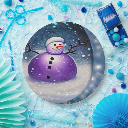 Paars Pudgy Painted Snowman Papieren Bordje (Feest)
