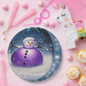 Paars Pudgy Painted Snowman Papieren Bordje (Feest)