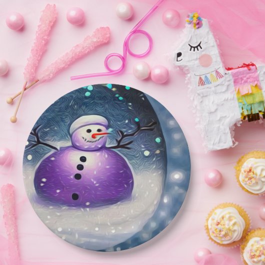 Paars Pudgy Painted Snowman Papieren Bordje (Feest)
