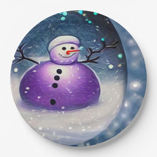 Paars Pudgy Painted Snowman Papieren Bordje (Voorkant)