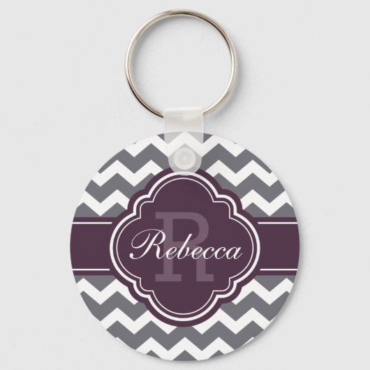 Paars Quatrefoil Monogram Gray Chevron Pattern Sleutelhanger (Voorkant)