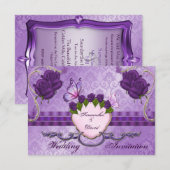 Paars Roos Damask Wedding Invitation Card Kaart (Voorkant / Achterkant)