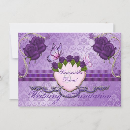 Paars Roos Damask Wedding Invitation Kaart (Voorkant)