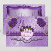 Paars Roos Damask Wedding Invitation Kaart (Voorkant / Achterkant)