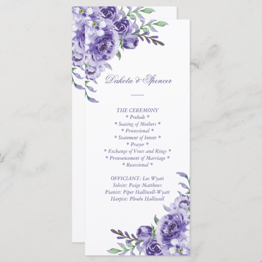 Paars Roos | Elegant Waterverf Floral Ceremony Programma (Voorkant / Achterkant)