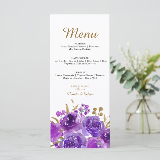 Paars Roos en Gold Leaf Editable Menu met 3 cursus (Staand voorkant)