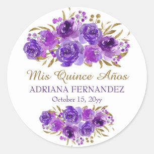 Paars Roos en Gold Leaf Mis Quince Anos Ronde Sticker