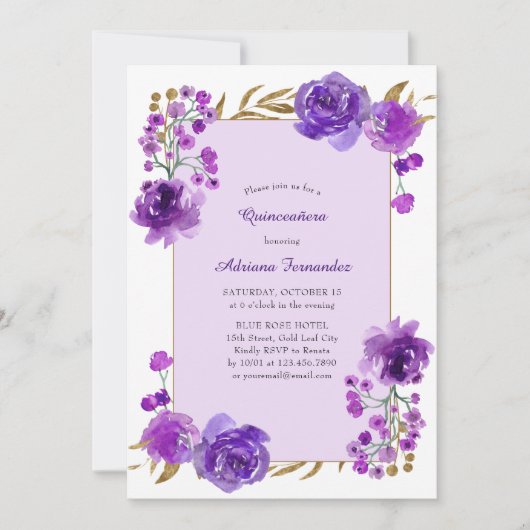 Paars Roos en goudleder Elegant Quinceanera Kaart (Voorkant)