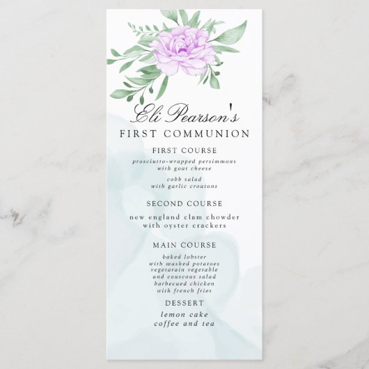 Paars Roos Eucalyptus blaast eerste communie Menu (Voorkant)