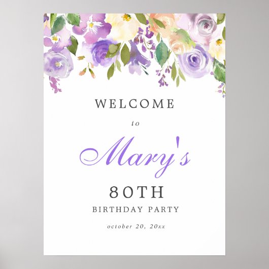 Paars Roos Floral 80th Birthday Welcome Sign Poster (Voorkant)