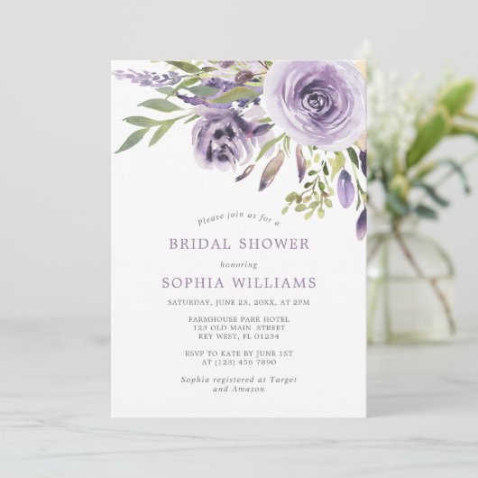 Paars Roos Floral Bridal Shower Kaart (Staand voorkant)