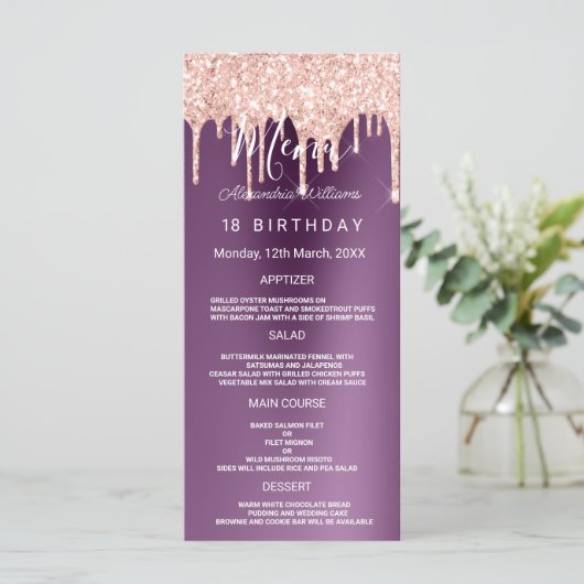 Paars roos goudglitterdrift Birthday Programme Programma (Staand voorkant)