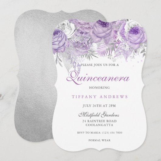 Paars Roos Silver Wonderland Quinceanera Invite Kaart (Voorkant / Achterkant)