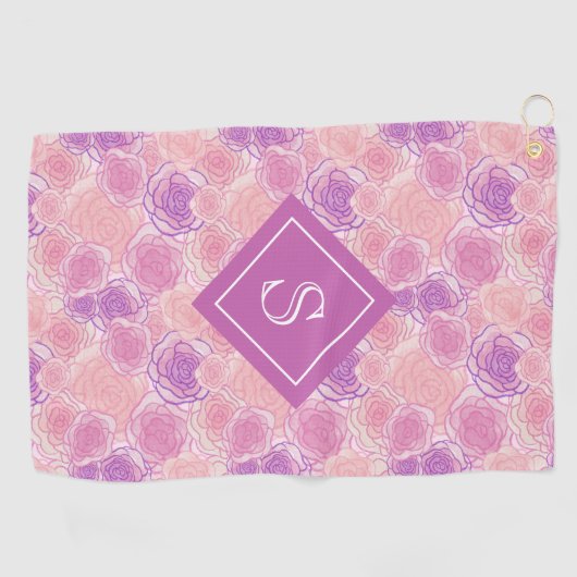  Paars Roos van Retro Floral Monogram Golfhanddoek (Horizontaal)