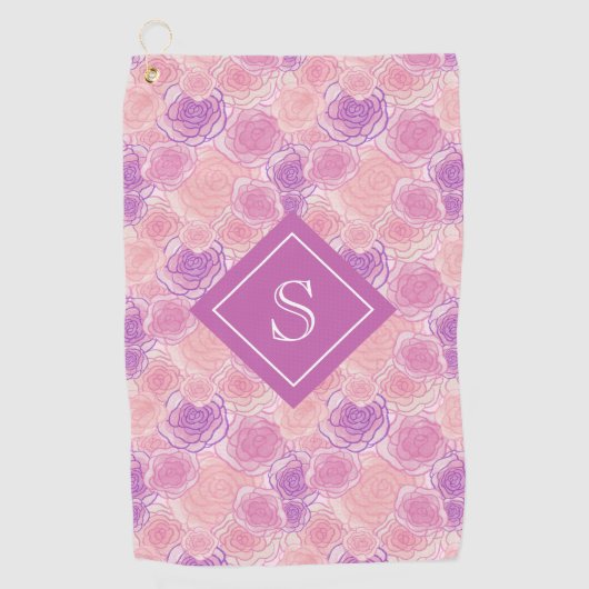  Paars Roos van Retro Floral Monogram Golfhanddoek (Voorkant)