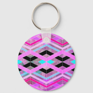 Paars Roze & Aqua Geometrische Kruisende Strepen Sleutelhanger