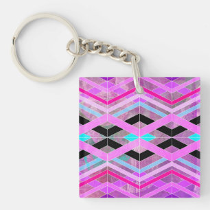 Paars Roze & Aqua Geometrische Kruisende Strepen Sleutelhanger