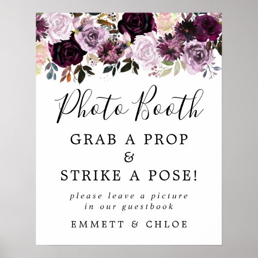 Paars Roze Bloem Bruiloft Photo Booth Bord Poster (Voorkant)