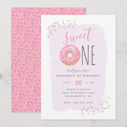 Paars | Roze Doughnut Sprinkle Sweet 1ste verjaard Kaart (Voorkant / Achterkant)