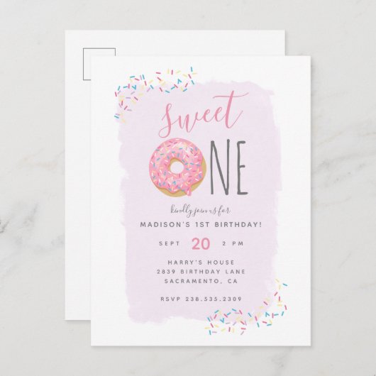 Paars | Roze Doughnut Sprinkle Sweet 1ste verjaard Uitnodiging Briefkaart (Voorkant / Achterkant)