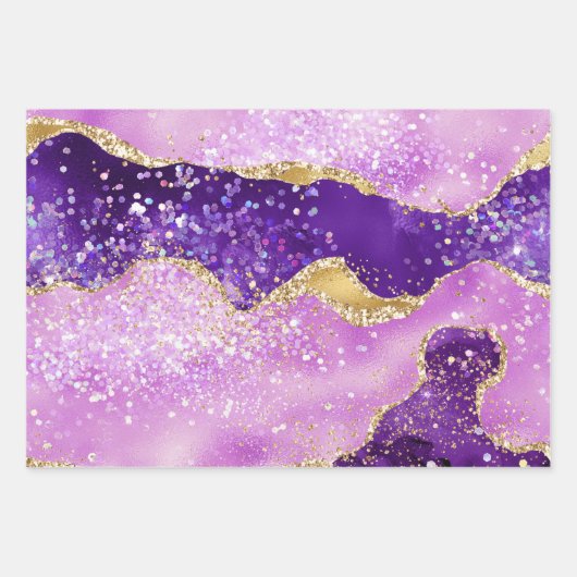 Paars & Roze en Faux Gold Glitter Inpakpapier Vel (Voorkant)