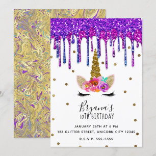 Paars & Roze Glitter Druipende Eenhoorn Verjaardag Kaart