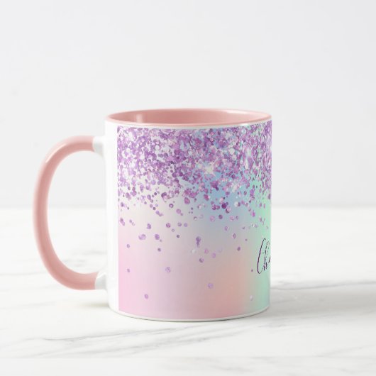 Paars roze glitter holographic name script mok (Links)