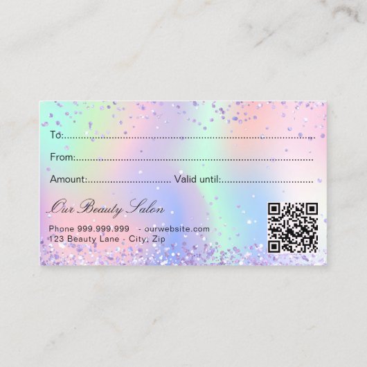 Paars roze holografisch QR-cadeaucertificaat Visitekaartje (Achterkant)